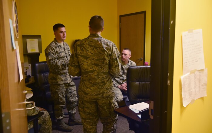 Staff Sgt. Max Wazny, left, 628th Contracting Squadron contract specialist, leads a 628th CONS team during a contingency contracting exercise at Joint Base Charleston, S.C., April 21, 2017. The 628th CONS and 628th Comptroller Squadron integrated to increase readiness during the exercise and tested the skillsets and knowledge of junior contracting and finance Airmen helping prepare them for a deployed environment.