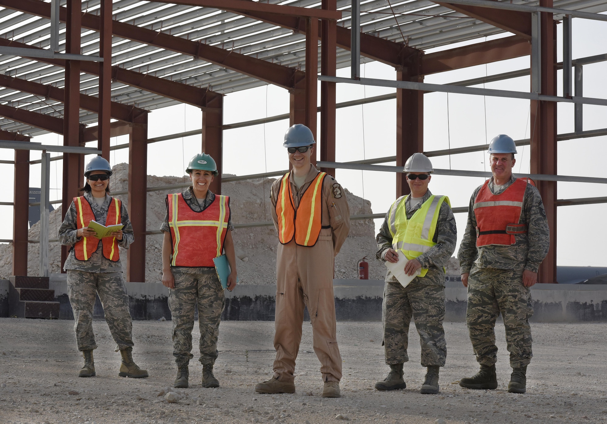 Airmen with the 379th Air Expeditionary Wing Safety Office occupational safety section pose for a photo at Al Udeid Air Base, Qatar, April 14, 2017. As occupational safety Airmen, their primary focus at Al Udeid is to investigate any job-related mishaps in order to prevent future incidents. (U.S. Air Force photo by Senior Airman Cynthia A. Innocenti)
