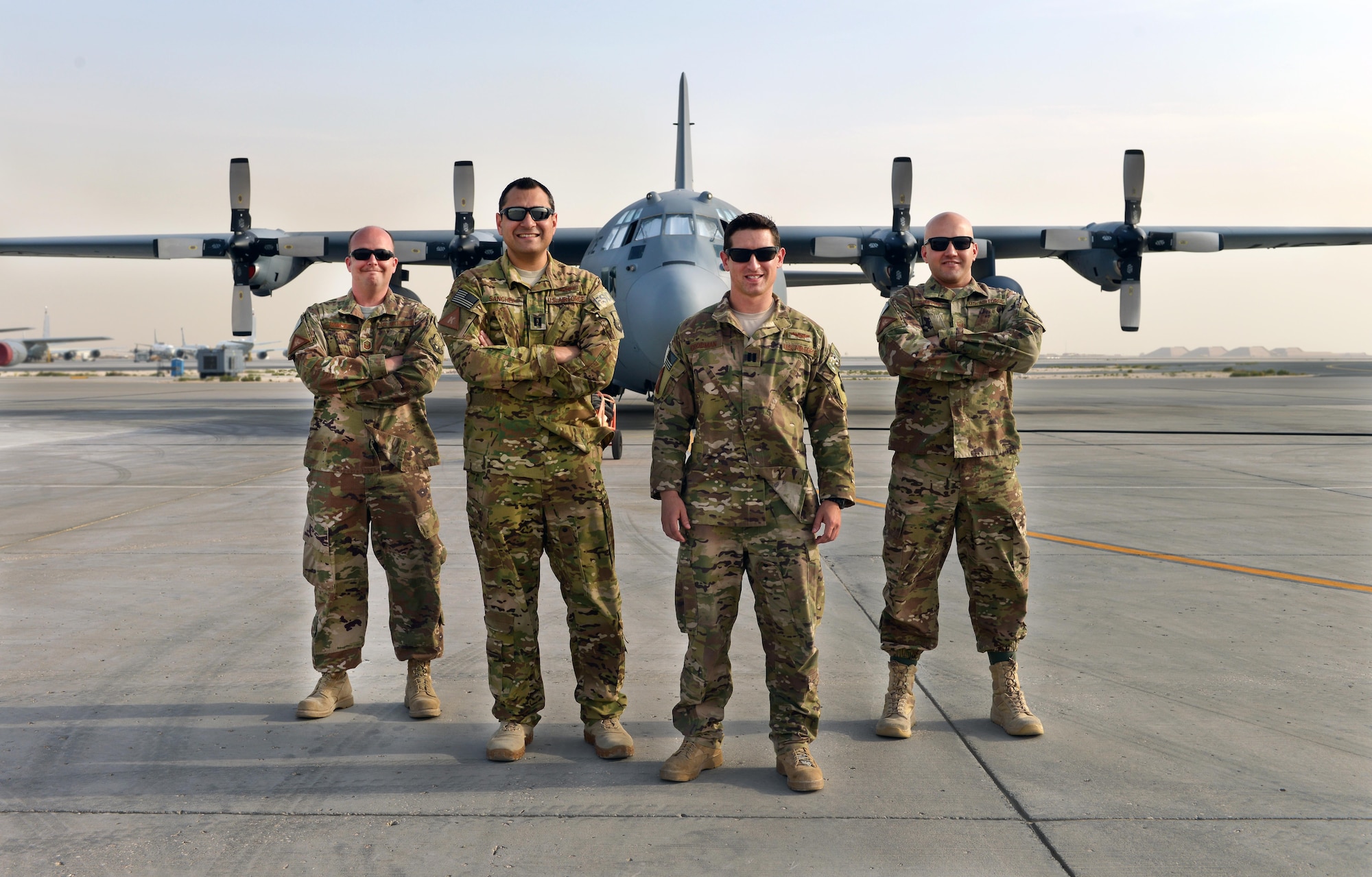 Airmen with the 379th Air Expeditionary Wing Safety Office flight safety section pose for a photo at Al Udeid Air Base, Qatar, April 14, 2017. While deployed, flight safety Airmen deal with anything involving aircraft-related safety matters, for instance advising on safe night driving regulations due to lower visibility. (U.S. Air Force photo by Senior Airman Cynthia A. Innocenti)