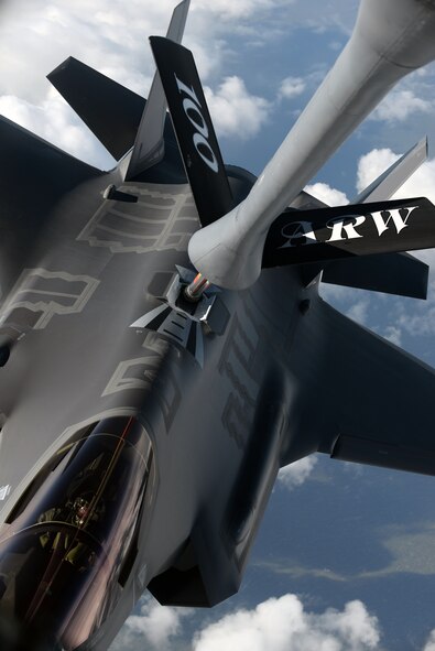 A U.S. Air Force F-35 Lightning II from Hill Air Force Base, Utah, is refueled by a 100th Air Refueling Wing KC-135 Stratotanker during a flight to Estonia on April 25, 2017. The F-35s are participating in their first-ever flying training deployment to Europe. (U.S. Air Force photo by Senior Airman Christine Groening) 
