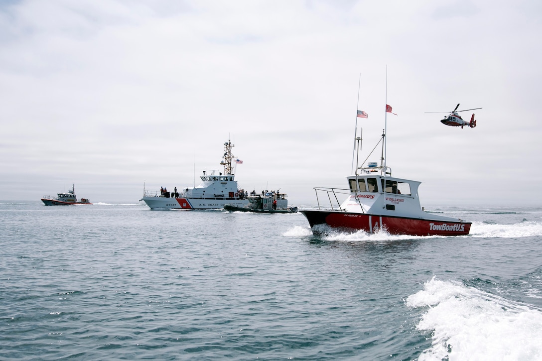 The Coast Guard and partner agencies conducted an ocean rescue demonstration near Ventura, Calif., April 18, 2017. The demonstration included members of the National Parks Service, Oxnard Fire Department, Channel Islands Harbor Patrol, Ventura County Fire Department and a commercial tow boat company. Coast Guard photos by Petty Officer 3rd Class DaVonte Marrow