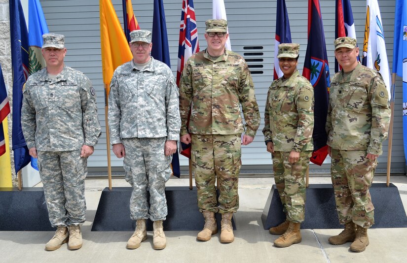 First Sgt. Ryan Smith, 201st Harbor Master Operation Detachment noncommissioned officer in charge, Chief Warrant Officer 5 Kenneth Lashbrook, 201st HMOD officer in charge, Col. Jon Hewitt, 311th Expeditionary Sustainment Command deputy commander, Col. Toni Glover, 650th Regional Support Group commander, and Lt. Col. Thomas J. Harzewski, 483rd Terminal Battalion commander, traveled to Vallejo, California to support 201st HMOD Soldiers, during a deployment ceremony at the Mare Island U.S. Army Reserve Center April 22.