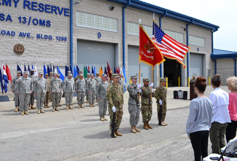 Soldiers from the 201st Harbor Master Operation Detachment stand at attention, during a deployment ceremony at the Mare Island U.S. Army Reserve Center April 22. Lt. Col. Thomas J. Harzewski, 483rd Terminal Battalion commander traveled to Vallejo, California to support Chief Warrant Officer 5 Kenneth Lashbrook, 201st Harbor Master Operation Detachment officer in charge, and 1st Sgt. Ryan Smith, 201st HMOD noncommissioned officer in charge, on a beautiful Californian day.