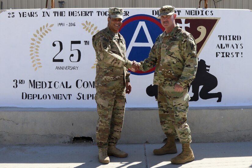 Lt. Gen. Michael Garrett, commanding general of U.S. Army Central and Maj. Gen. William Lee, commanding general of 3rd medical Command (Deployment Support) pose during a brief site visit of a painted mural to celebrate 25 years of partnership between the two commands, April 21 at Camp As Sayliyah. The 3rd Medical Command provides ARCENT Soldiers with access to a variety of specialized capabilities while deployed, such as combat support hospitals, x-ray technology, dentistry, surgeons, and veterinarians. (U.S. Army photo by Sgt. Bethany Huff, ARCENT Public Affairs)
