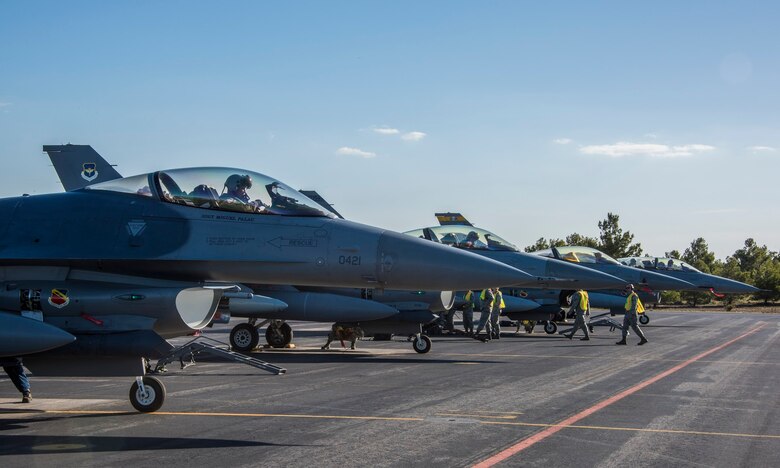 U.S. Airmen from Hill Air Force Base, Utah, prepare to “put a jet to bed” April 21, 2017, at Albacete Air Base, Spain, after flying more than seven hours from the U.S. to participate in the Tactical Leadership Programme. Training courses like TLP help to enable the NATO alliance by providing an opportunity to work alongside NATO allies in the classroom and in European airspace. (U.S. Air Force photo/Senior Airman Justin Fuchs)
