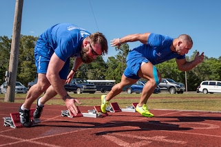 Airmen Justin Fuchs and Matt Cable participate a track session at the Air Force team’s training camp at Eglin Air Force Base, Fla., April 25, 2017. Air Force photo by Samuel King Jr.