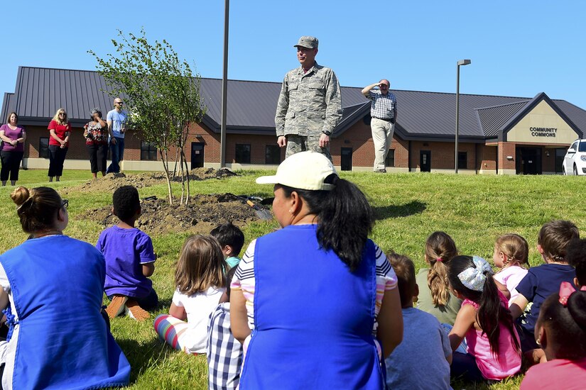 U.S. Air Force Col. David Stanfield, 633rd Mission Support Group commander, speaks to students from the Child Development Center before planting trees during an Arbor Day event at Joint Base Langley-Eustis, Va., April 21, 2017. Arbor Day originated in Nebraska City, Neb. on April 10, 1872, when J. Sterling Morton coordinated the planting of more than 1 million trees. (U.S. Air Force photo/Senior Airman Derek Seifert)