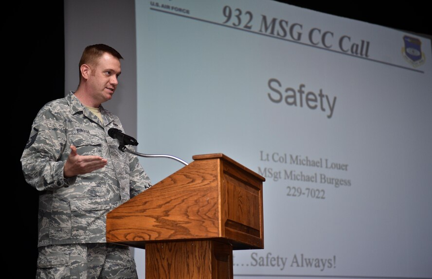 Master Sgt. Micael Burgess, 932nd Airlift Wing Safety Office, speaks during the 932nd Mission Support Group commanders' call April 1, 2017, Scott Air Force Base, Illinois. Burgess used some humor to deliver messages of safety.  Key points discussed by Burgess were motorcycle safety, being a good wingman and the coming critical days of summer.  (U.S. Air Force photo by Tech. Sgt. Christopher Parr)