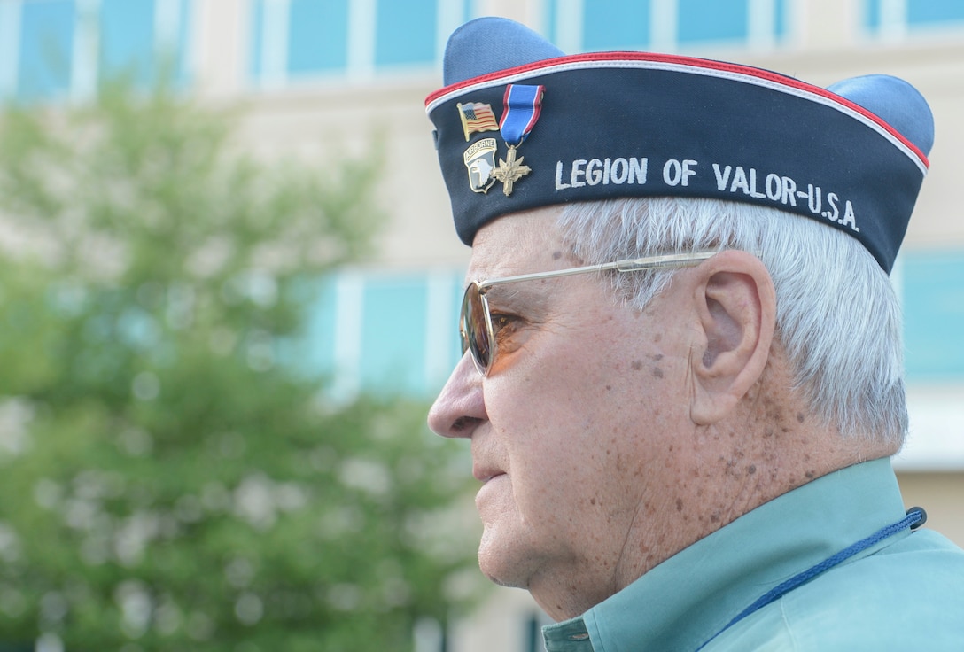 Retired U.S. Army Col. Tom Reeves, Legion of Valor member, waits to tour U.S. Army Training and Doctrine Command at Joint Base Langley-Eustis, Va., April 21, 2017. Members of the Legion of Valor of the United States of America, Inc., are recipients of either the Distinguished Service Cross, Navy Cross, Congressional Medal of Honor or the Air Force Cross. (U.S. Air Force photo/Airman 1st Class Kaylee Dubois)