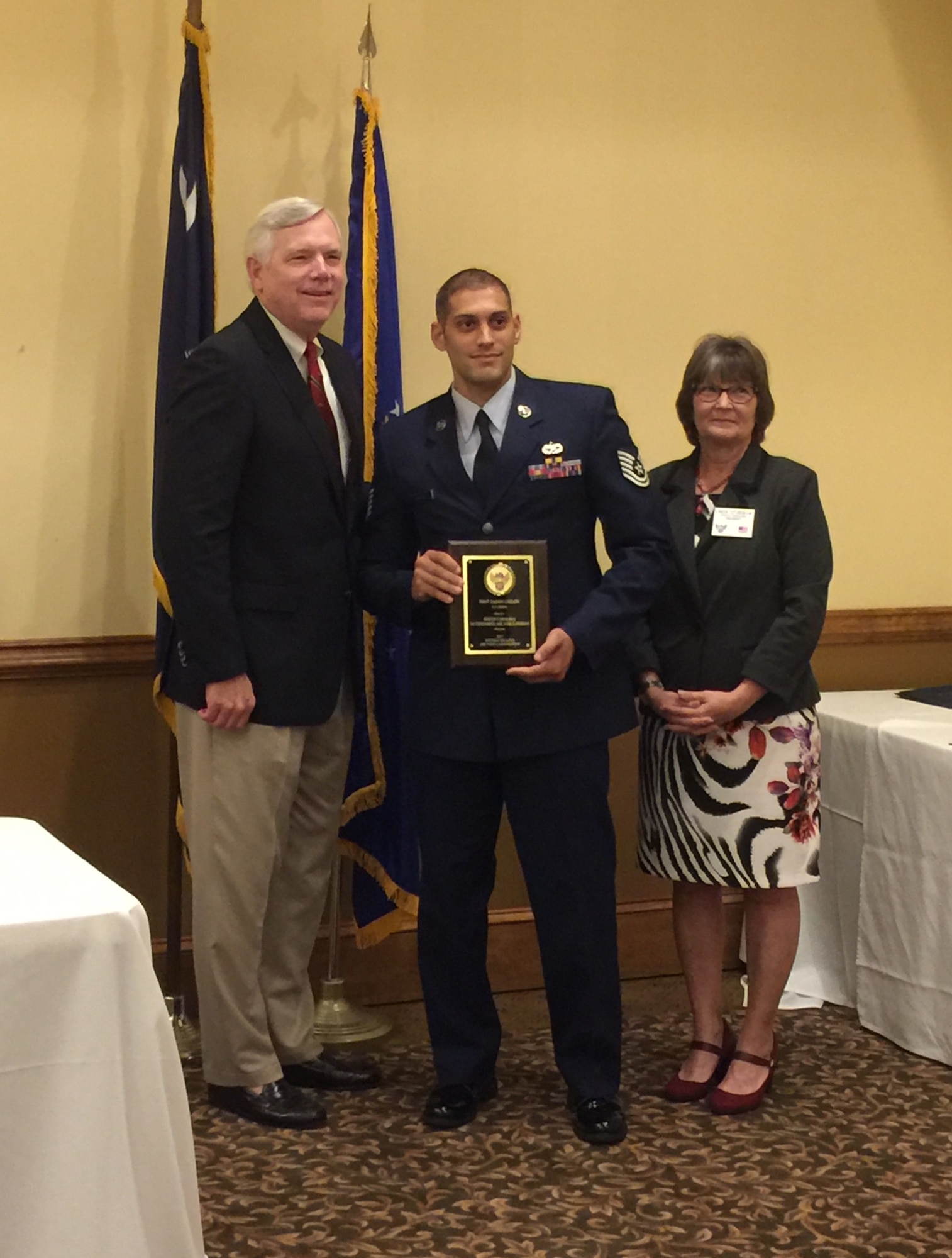 (From left) Retired Air Force Reserve Brig. Gen. Thomas Carter, AFA member and guest speaker for the Air Force Association South Carolina State Convention, Tech. Sgt. Jason Colon, 315th Aircraft Maintenance Squadron and AFA 2017 South Carolina Air Force Person of the Year,  and retired Senior Master Sgt. Linda Sturgeon, SC AFA State president.  (Courtesy photo)