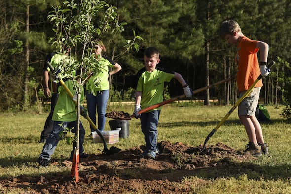 Cub Scouts Pack 170 plant a fruit tree April 19, 2017, near the Jacksonville Lighthouse Charter School: Flightline Upper Academy on Little Rock Air Force Base, Ark. Installation leadership continually partners with the community to maintain and plant its growing population of urban trees. (U.S. Air Force photo by Senior Airman Mercedes Taylor)