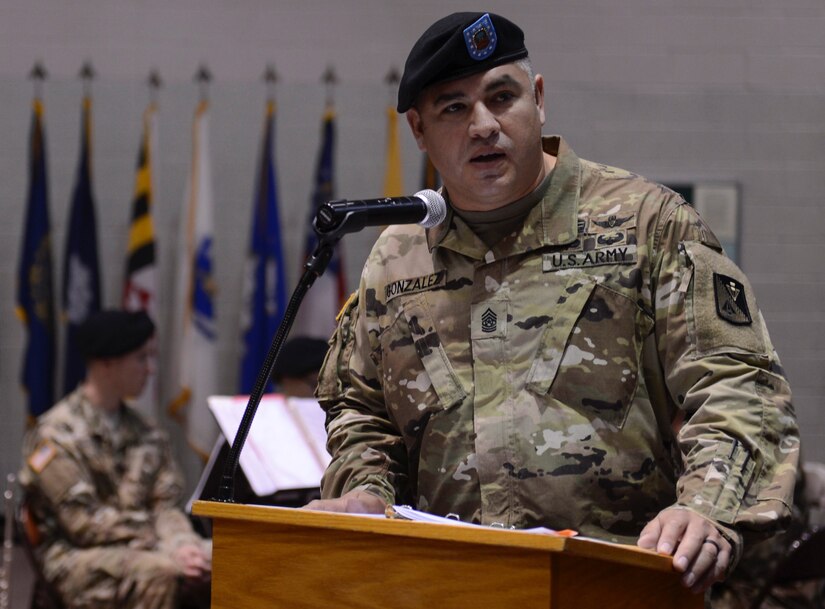 U.S. Army Command Sgt. Maj. Gerado Gonzalez, 128th Aviation Brigade command sergeant major, speaks the brigade’s Change of Responsibility ceremony at Joint Base Langley-Eustis, Va., April 25, 2017. Gonzalez previously served as the command sergeant major of the 160th Special Operations Aviation Regiment (Airborne) at Fort Campbell, Kentucky. (U.S. Air Force photo/Airman 1st Class Kaylee Dubois)