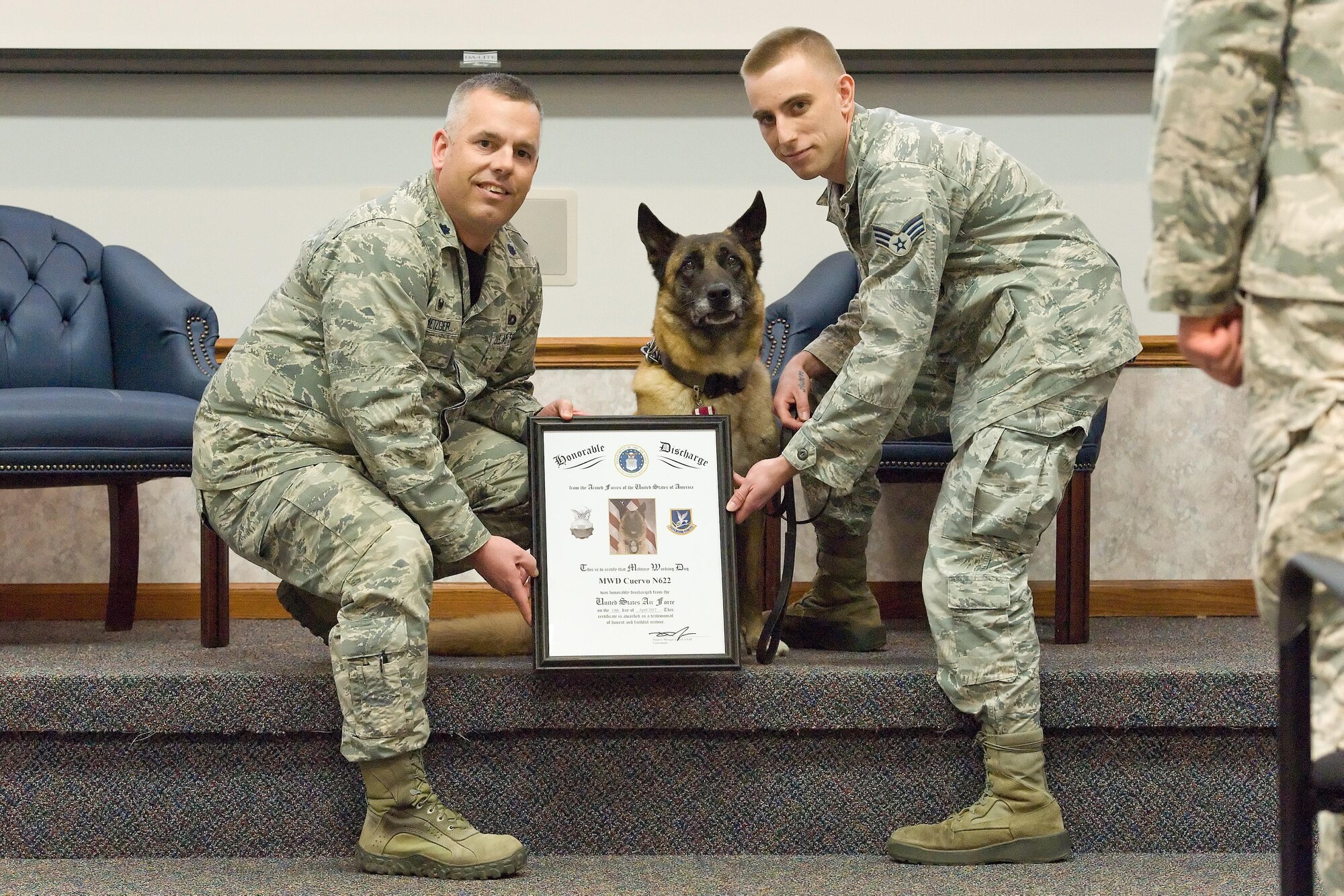 Lt. Col. Dana Metzger, 436th Security Forces Squadron commander and Senior Airman Alexander Cormier, 436th SFS Military Working Dog handler, present MWD Cuervo, N622, with his Honorable Discharge from active duty April 14, 2017, on Dover Air Force Base, Del. Cuervo was also presented the U.S. Air Force Meritorious Service Medal and Certificate of Retirement during the ceremony. (U.S. Air Force photo by Roland Balik)