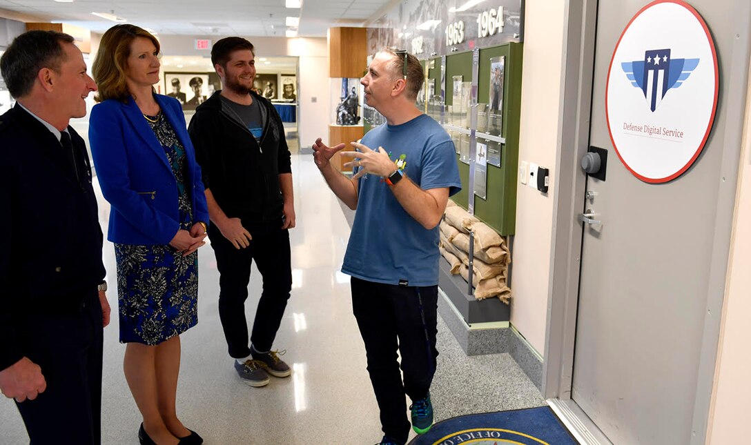 Acting Secretary of the Air Force Lisa Disbrow and Air Force Chief of Staff Gen. David L. Goldfein discuss the importance of Defense Digital Service and what they bring to the fight with Chris Lynch, the team leader (right) and Paul Tagliamonte, a section member at the Pentagon, April 12, 2017. The DDS section is a unique team of industry experts assisting the Air Force. (U.S. Air Force photo/Wayne A. Clark)