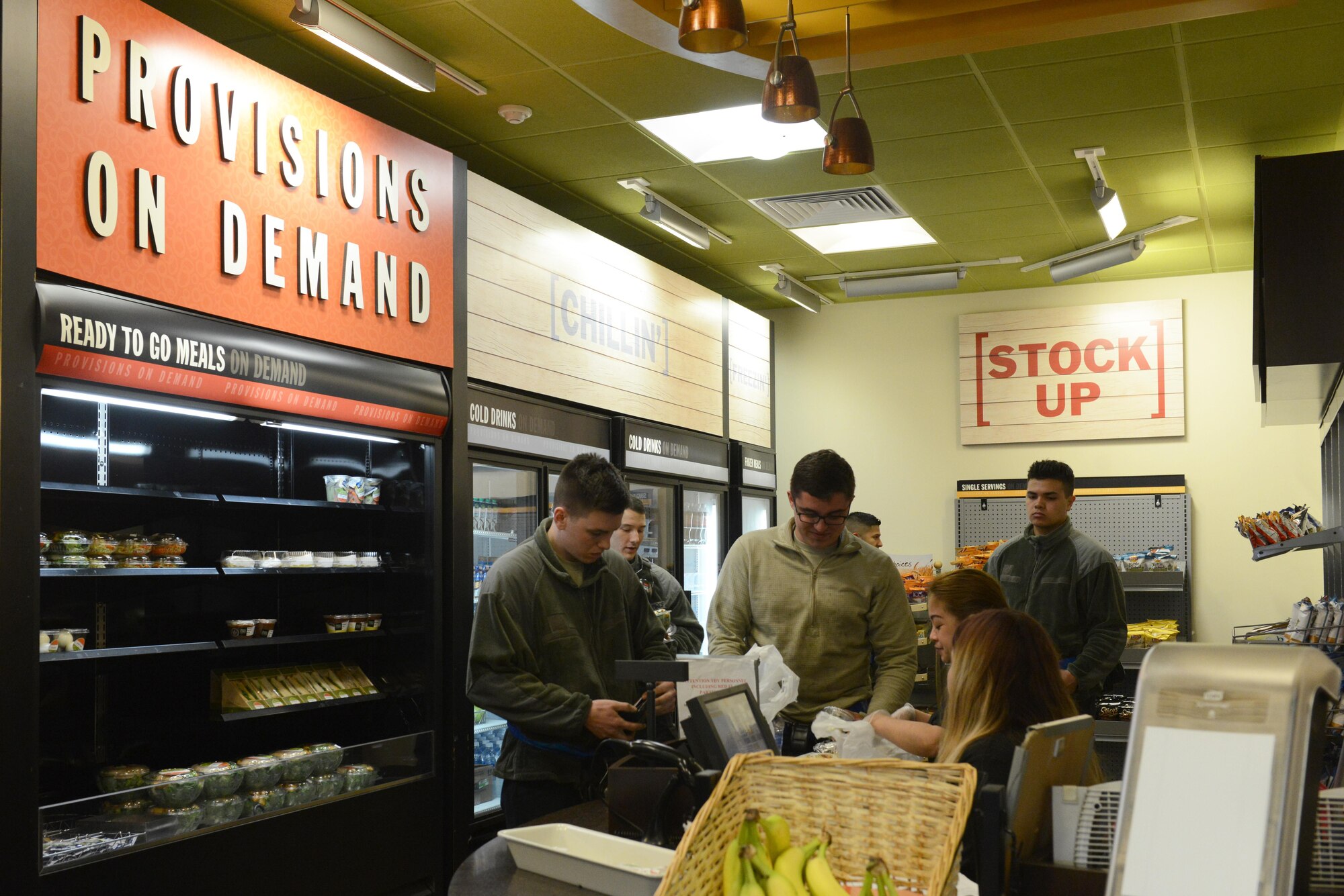 Customers line up at the Provisions on Demand at Joint Base Elmendorf-Richardson, Alaska, April 25, 2017. The meals are in to-go containers because the POD’s primary customers are flightline personnel who do not have a lot of time and need hot meals. 