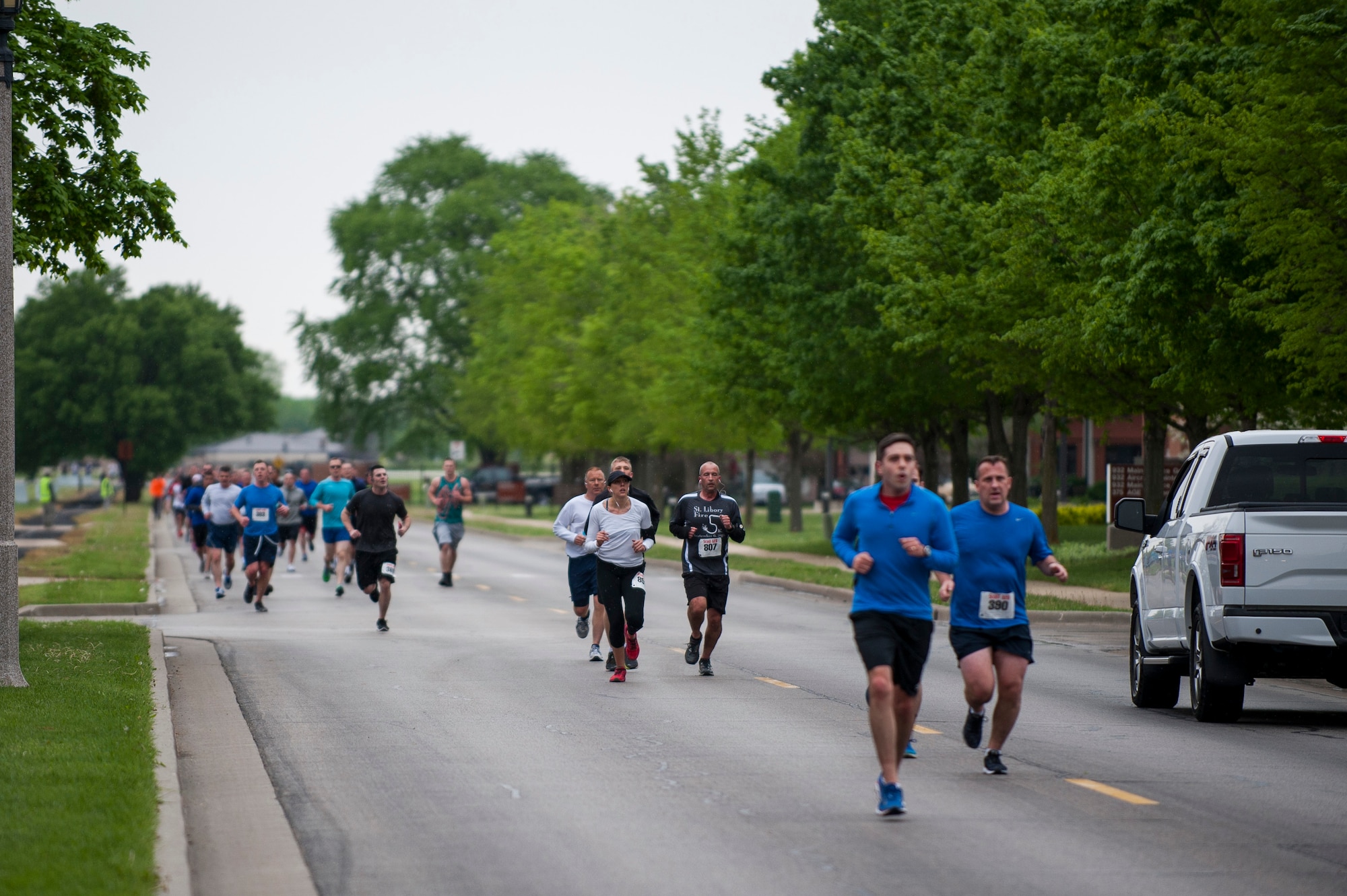 Members of Team Scott participate in the Race Through Scott's Past, at Scott Air Force Base, Illinois, April 21. The course took runners past several historic buildings on base. (U.S. Air Force photo by Staff Sgt. Clayton Lenhardt)