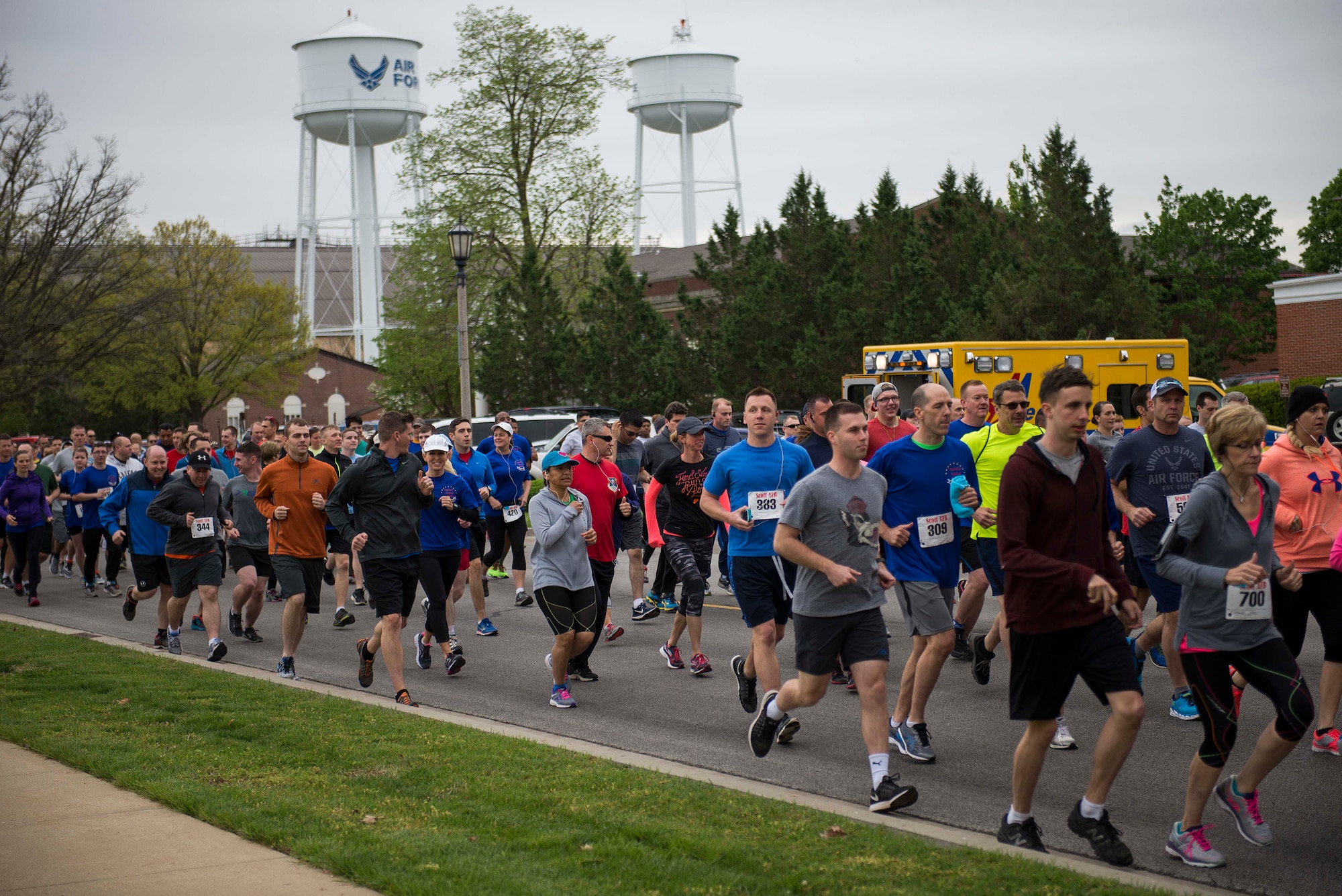 Members of Team Scott participate in the Race Through Scott's Past, at Scott Air Force Base, Illinois, April 21, 2017. The course took runners past historic buildings on base. (U.S. Air Force photo by Staff Sgt. Clayton Lenhardt)
