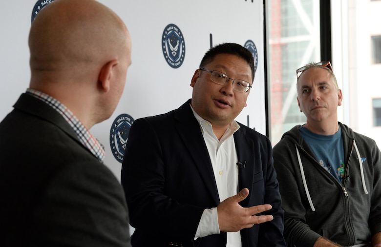 (From left) Alex Rice, chief technology officer and co-founder of HackerOne, Peter Kim, Air Force chief information security officer and Chris Lynch, director of Defense Digital Service, announce the upcoming "Hack the Air Force" event at HackerOne headquarters in San Francisco, April 26, 2017. Registration for ‘Hack the Air Force’ is scheduled to begin May 15 on the HackerOne website and is open to U.S, U.K., Australian, New Zealand and Canadian citizens. (U.S. Air Force photo/Tech. Sgt. Dan DeCook)
