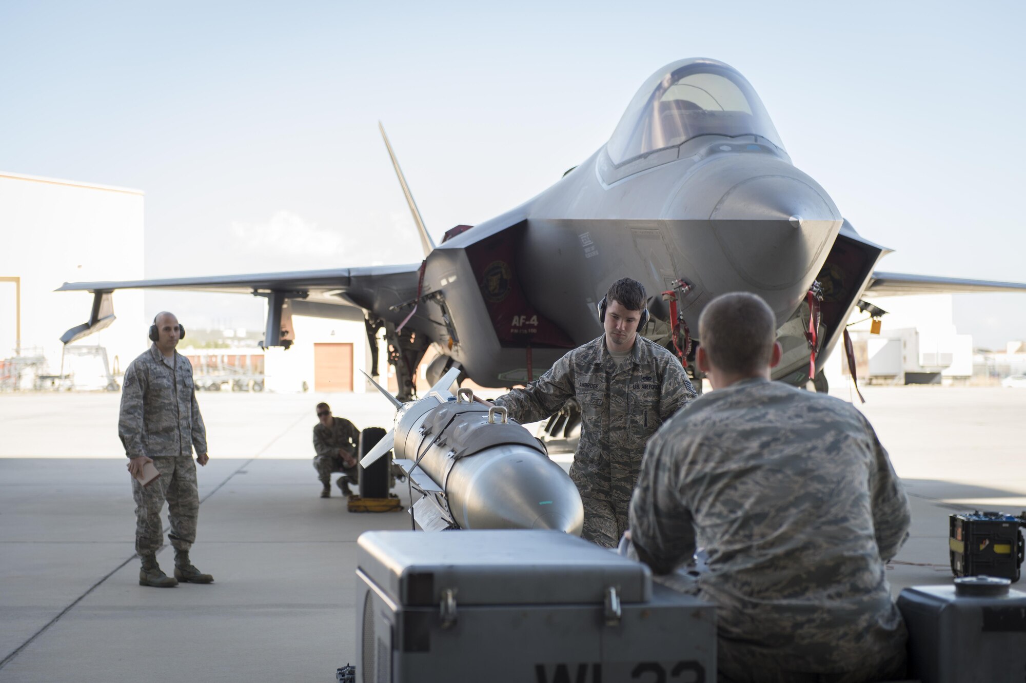 Staff Sgt. Bobby Ambrose, Staff Sgt. Jason Bucholtz and Senior Airman Elijah Robinson competed against weapons crews from Team Raptor of the 411th Aircraft Maintenance Unit; the Pirates of the 31st Test and Evaluation Squadron’s Aircraft Maintenance Unit; and the 416th Aircraft Maintenance Unit Falcons. (U.S. Air Force photo by Kyle Larson)