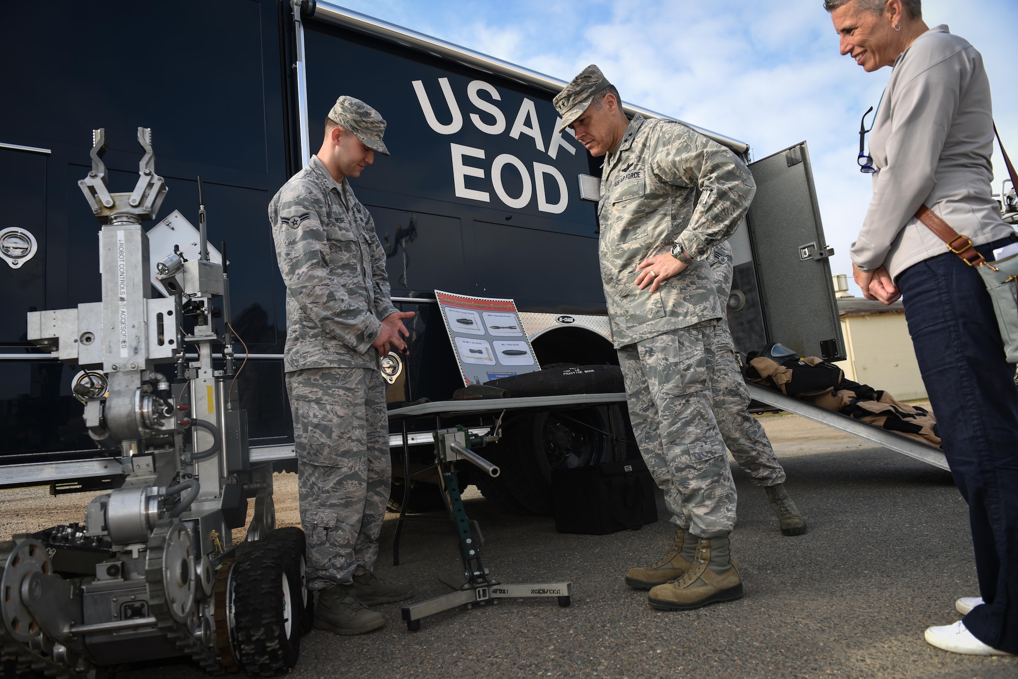 Maj. Gen. Thomas Bussiere, 8th Air Force commander, discusses robots used for Explosive Ordnance Disposal with 2 Civil Engineer Squadron EOD technicians at on Barksdale Air Force Base, La., April 21, 2017. (U.S. Air Force photo/Airman 1st Class Sydney Bennett)