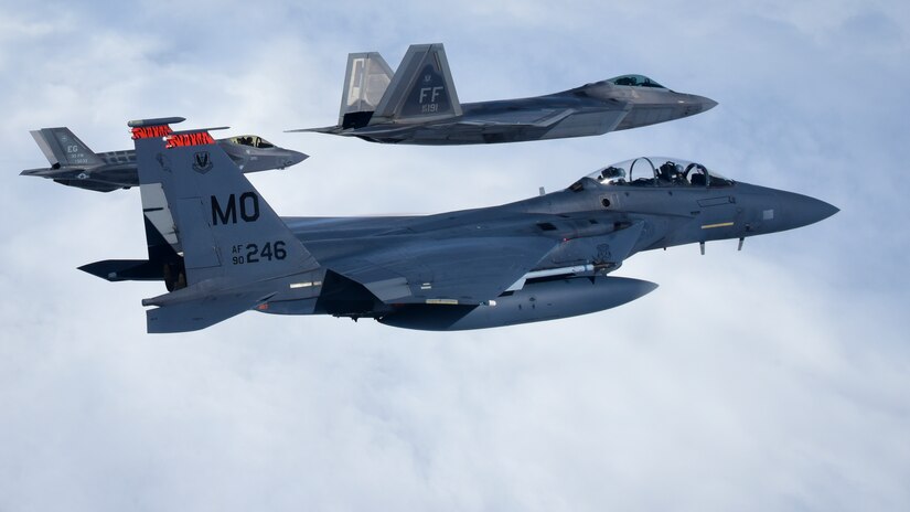 Fourth and fifth-generation U.S. Air Force aircraft fly in a training airspace during ATLANTIC TRIDENT 17 near Joint Base Langley-Eustis, Va., April 26, 2017. Both generations of aircraft from the U.S. Air Force, French air force and Royal air force participated in the exercise to provide differing capabilities needed in a highly contested airspace. (U.S. Air Force photo/Staff Sgt. Natasha Stannard)