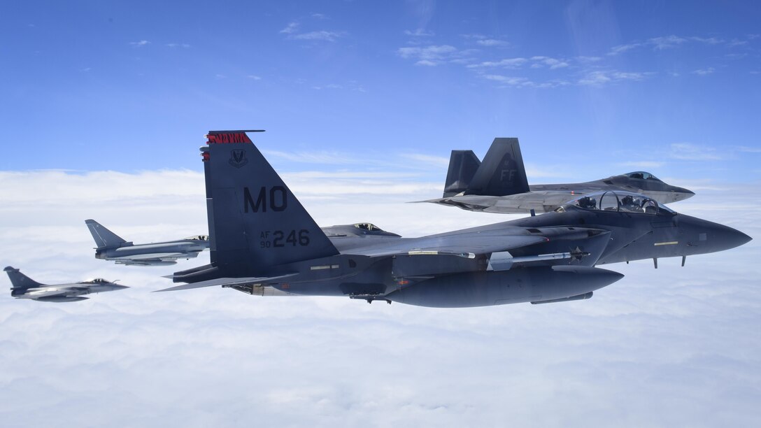 Fourth and fifth-generation aircraft from the U.S. Air Force, French air force and Royal air force fly in a training airspace during ATLANTIC TRIDENT 17 near Joint Base Langley-Eustis, Va., April 26, 2017. The F-35 Lightning II was incorporated in the exercise, along with the F-22 Raptor and fourth-generation assets to develop tactics, techniques and procedures that can be used during future coalition fights. (U.S. Air Force photo/Staff Sgt. Natasha Stannard)