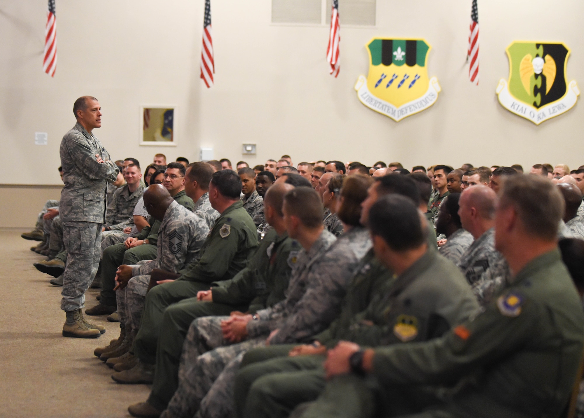 Maj. Gen. Thomas Bussiere, 8th Air Force commander, speaks to Airmen during his commander’s call at Hoban Hall at Barksdale Air Force Bases, La., April 21, 2017. Bussiere spoke about the 8th Air Force’s mission and objectives. (U.S. Air Force photo/Airman 1st Class Sydney Bennett)