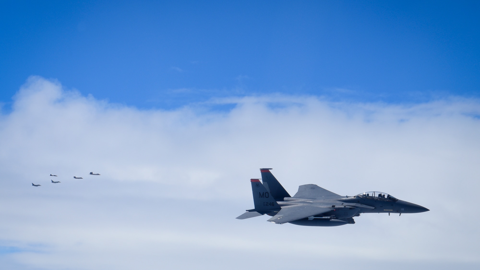 An F-15E Strike Eagle breaks-off from a formation flight during ATLANTIC TRIDENT 17 near Joint Base Langley-Eustis, Va., April 26, 2017. The F-15Es, assigned to Mountain Home Air Force Base, Idaho, teamed with local T-38 Talons as adversary aircraft during the exercise. (U.S. Air Force photo/Staff Sgt. Natasha Stannard)