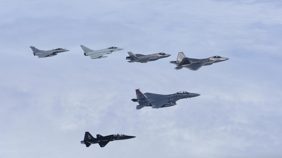 U.S. Air Force, French air force and Royal air force planes fly in a training airspace during ATLANTIC TRIDENT17 near Joint Base Langley-Eustis, Va., April 26, 2017. The exercise was designed to allow the sharing and development of techniques, tactics and procedures between the U.S. Air Force, FAF and RAF frontline fighters in order to fly, fight and win in modern highly-contested, anti-access/area denial environments. (U.S. Air Force photo/Staff Sgt. Natasha Stannard)