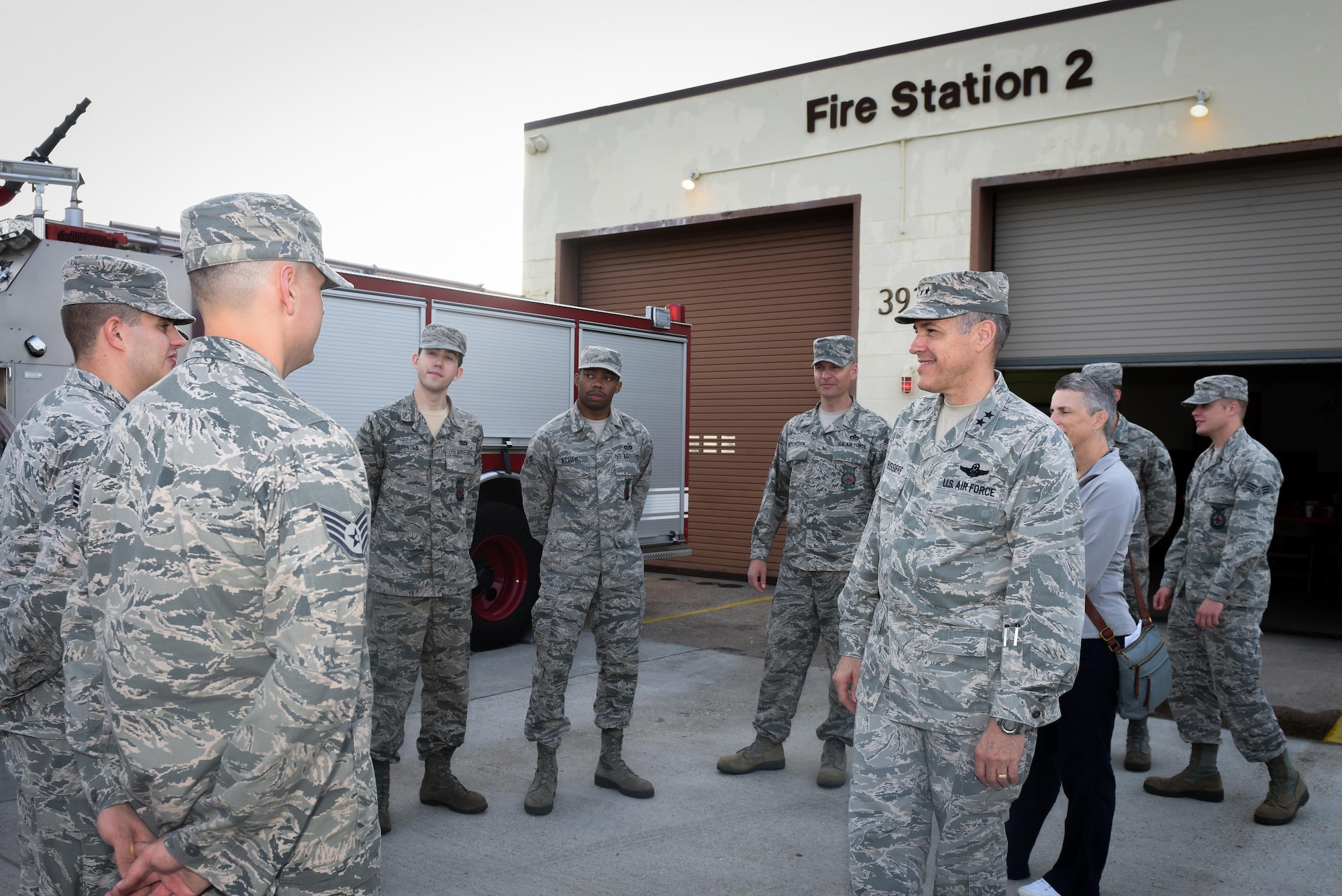 Maj. Gen. Thomas Bussiere, 8th Air Force commander, visits the fire station located on the East Reservation of Barksdale Air Force Base, La., April 21, 2017. There are three fire stations within the base that protect 22,000 acres of land. (U.S. Air Force photo/Airman 1st Class Sydney Bennett)