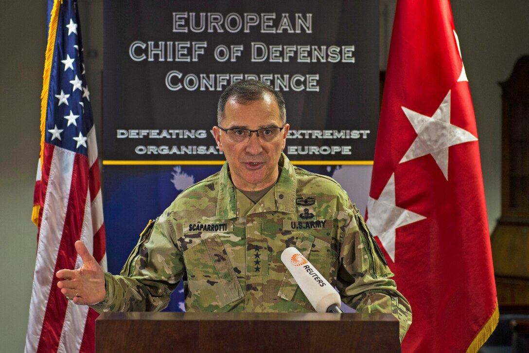 Army General Curtis Scaparrotti, commander of U.S. European Command and Supreme Allied Commander for NATO, speaks with reporters during the 2017 European Chiefs of Defense Conference in Wiesbaden, Germany, April 26, 2017. Air Force photo by Tech. Sgt. Brian Kimball