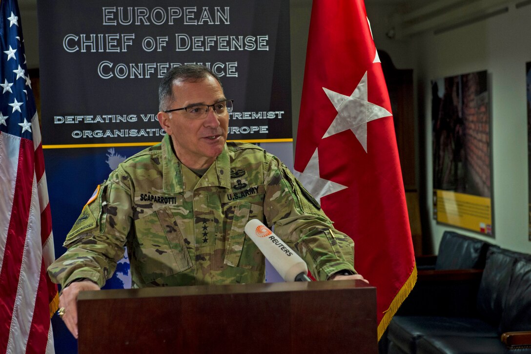 Army General Curtis Scaparrotti, commander of U.S. European Command and Supreme Allied Commander for NATO, speaks with reporters during the 2017 European Chiefs of Defense Conference in Wiesbaden, Germany, April 26, 2017. Air Force photo by Tech. Sgt. Brian Kimball