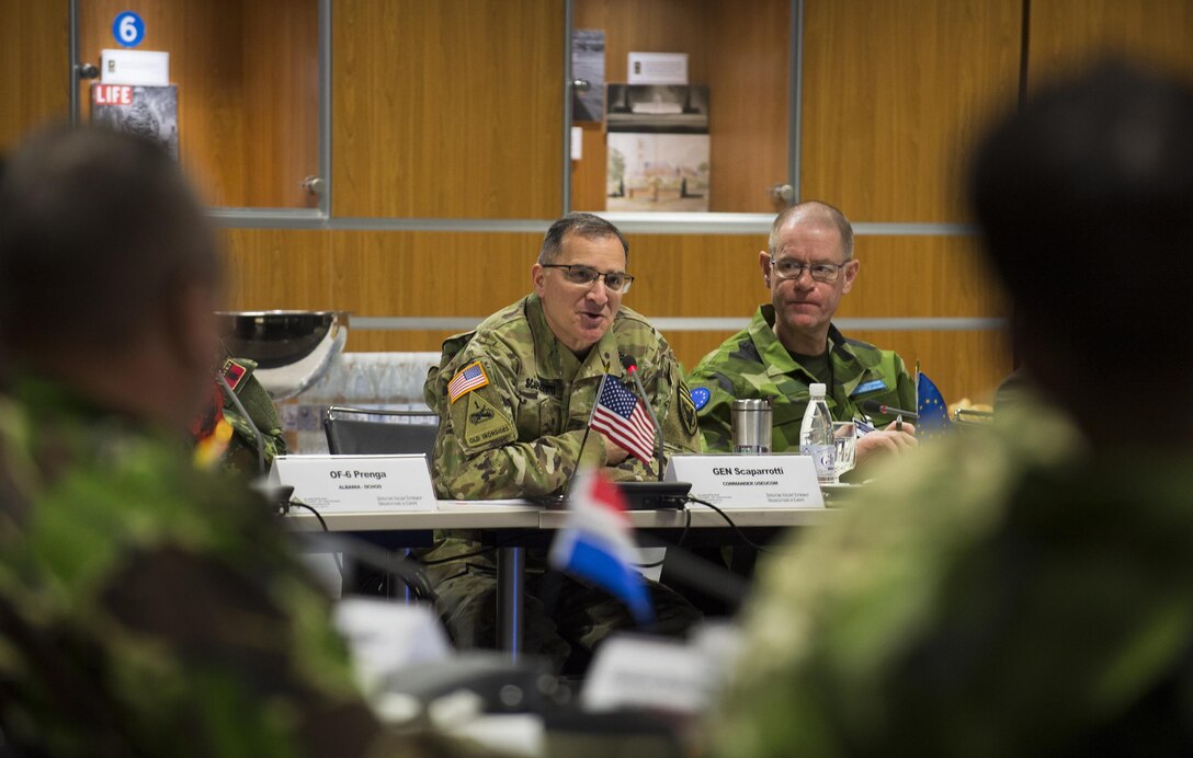 Army Gen. Curtis M. Scaparrotti, center, commander of U.S. European Command and NATO’s supreme allied commander for NATO, speaks with top military officials from 28 European nations to discuss counterterrorism actions as well as methods of defeating violent extremist organizations within Europe during a conference in Wiesbaden, Germany, April 26, 2017. Air Force photo by Tech. Sgt. Brian Kimball