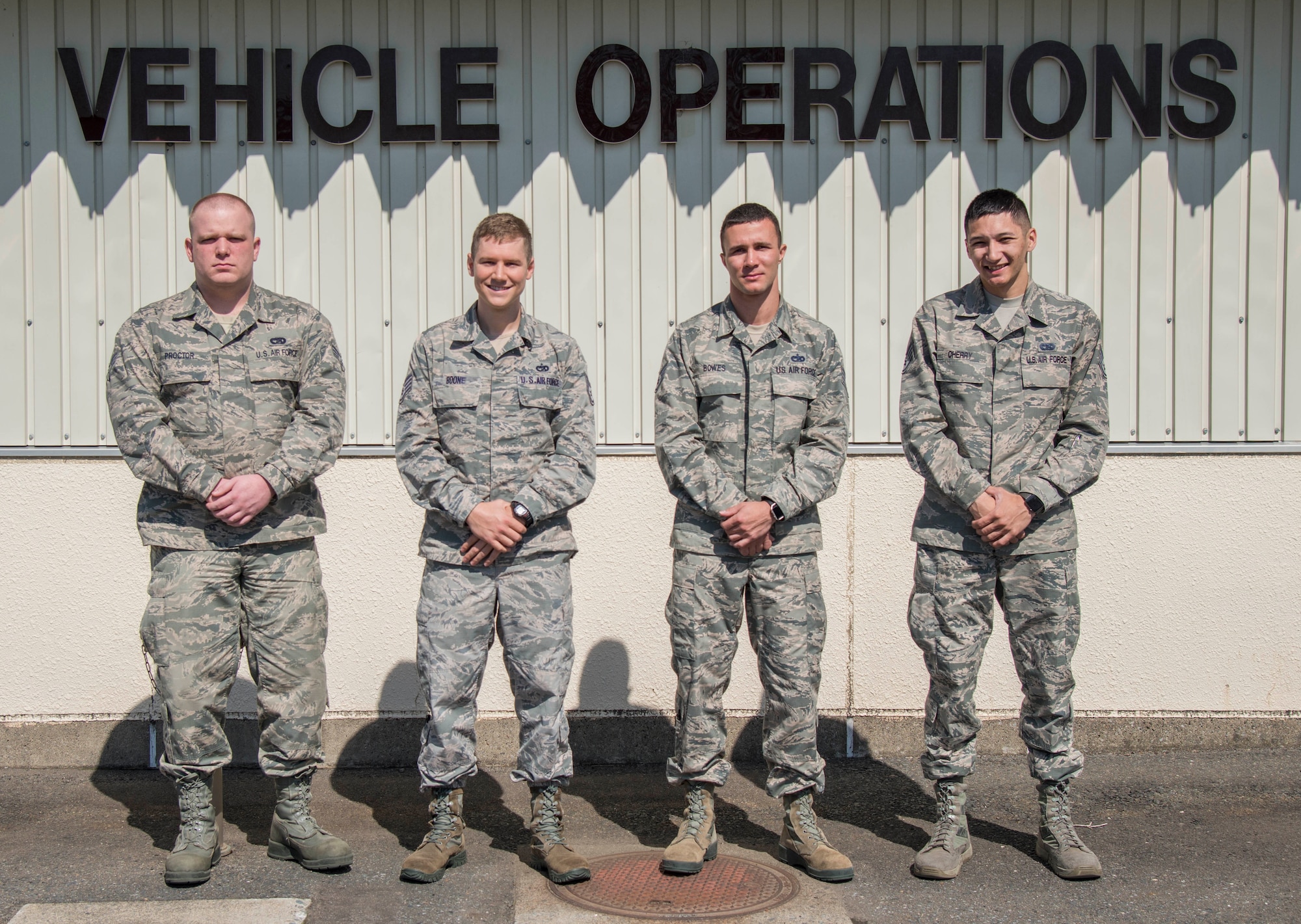 U.S. Air Force Airmen from the 35th Logistics Readiness Squadron pose for a photo at Misawa Air Base, Japan, April 25, 2017. The 35th LRS personnel pictured from left to right, Senior Airman John Proctor, Staff Sgts Scot Boone, Brent Bowes and Kyle Cherry,all vehicle operator dispatchers, and Tech. Sgt. Canaan Hatcher, not pictured, a quality assurance evaluator, rescued a Thai man Febuary 19, 2017 who was stuck upside down in snow at Niseko Mountain, Japan. (U.S. Air Force photo by Senior Airman Brittany A. Chase)