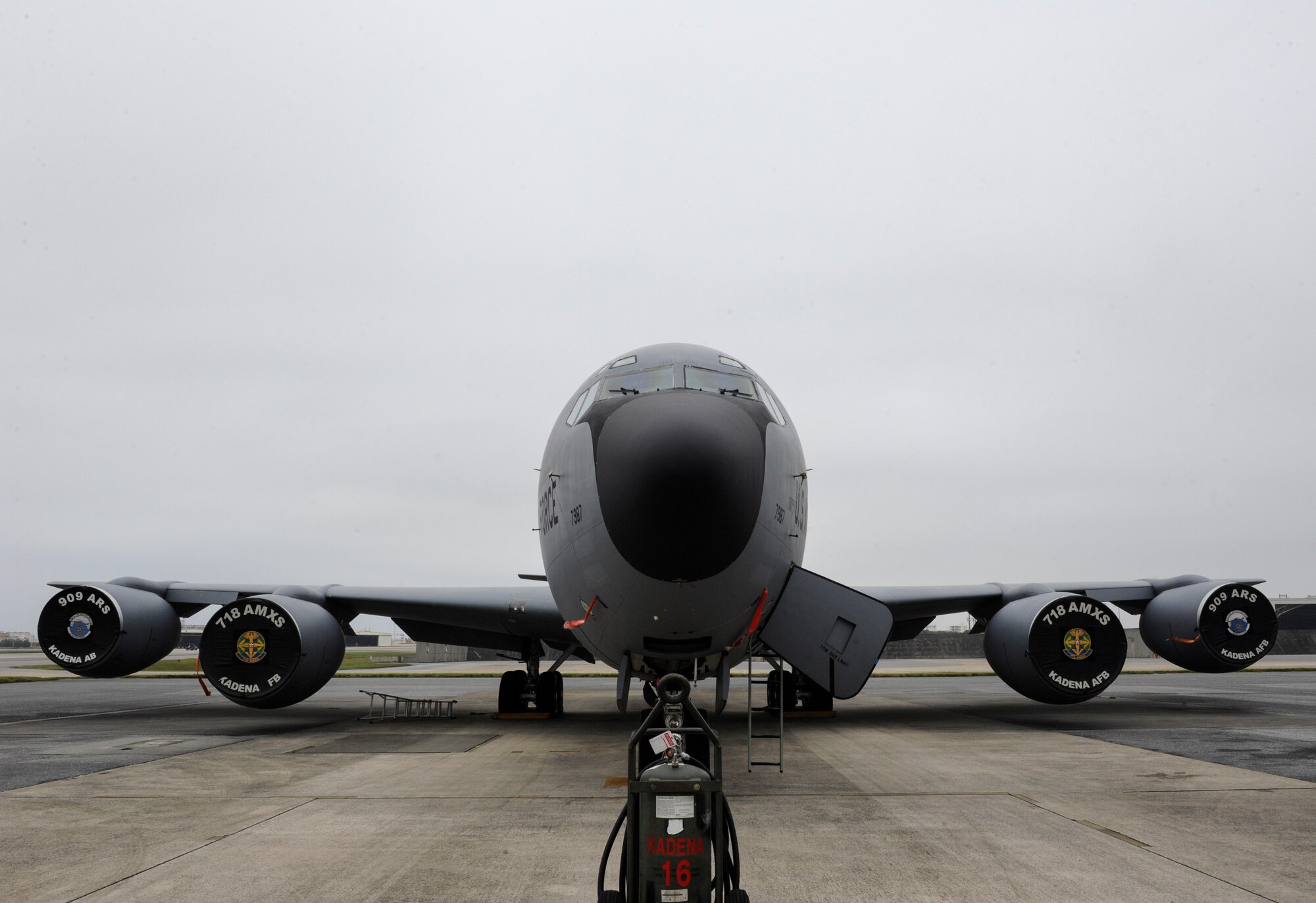 A U.S. Air Force KC-135 Stratotanker assigned to the 909th Air Refueling Squadron sits ready for pre-flight procedures April 20, 2017, at Kadena Air Base, Japan. The KC-135 is unmatched in the Air Force for its long-range refueling capabilities. (U.S. Air Force photo by Senior Airman Lynette M. Rolen)