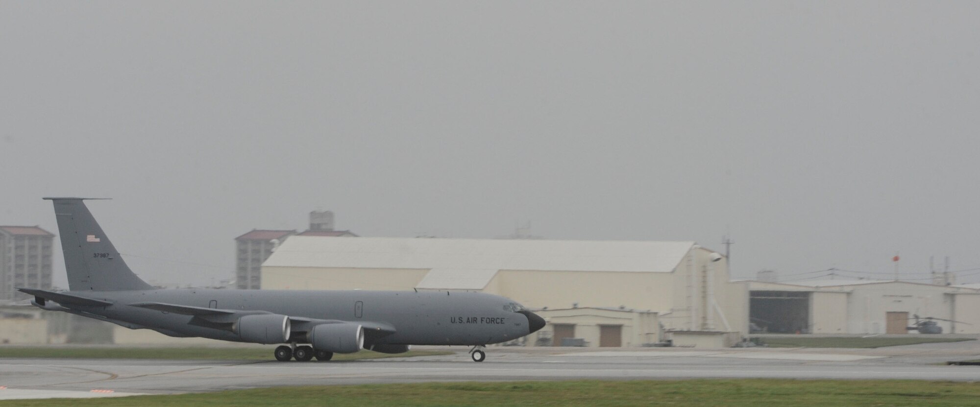 A U.S. Air Force KC-135 Stratotanker taxis down the flightline April 20, 2017, at Kadena Air Base, Japan. The KC-135 can carry more than 80,000 pounds of cargo, depending on fuel storage and can also be configured for medical evacuation operations. (U.S. Air Force photo by Senior Airman Lynette M. Rolen)