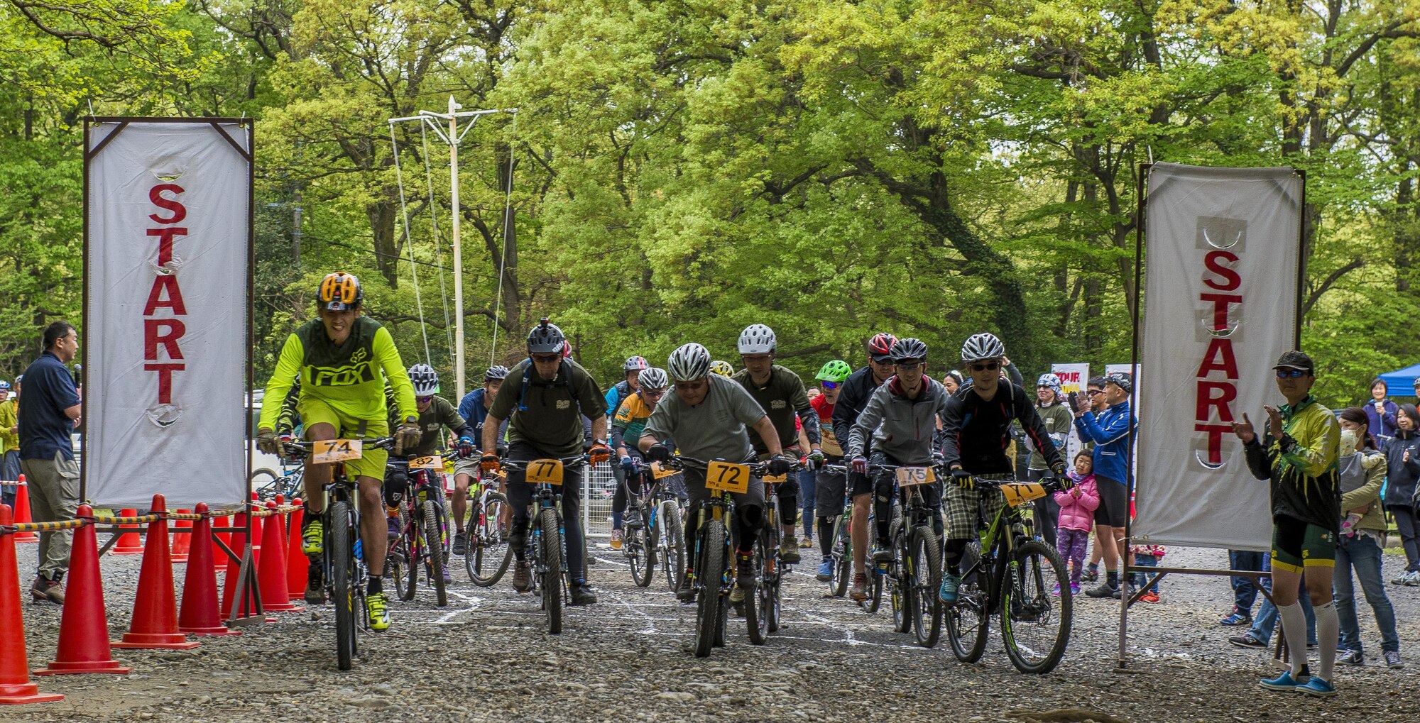 The Men’s Class Tour de Tama mountain bike race begins April 22, 2017, at Tama Hills Recreation Area, Japan. Over 85 people participated in the race with the youngest competitor being 13-years old, and the oldest was 64-years old. (U.S. Air Force photo by Airman 1st Class Donald Hudson)