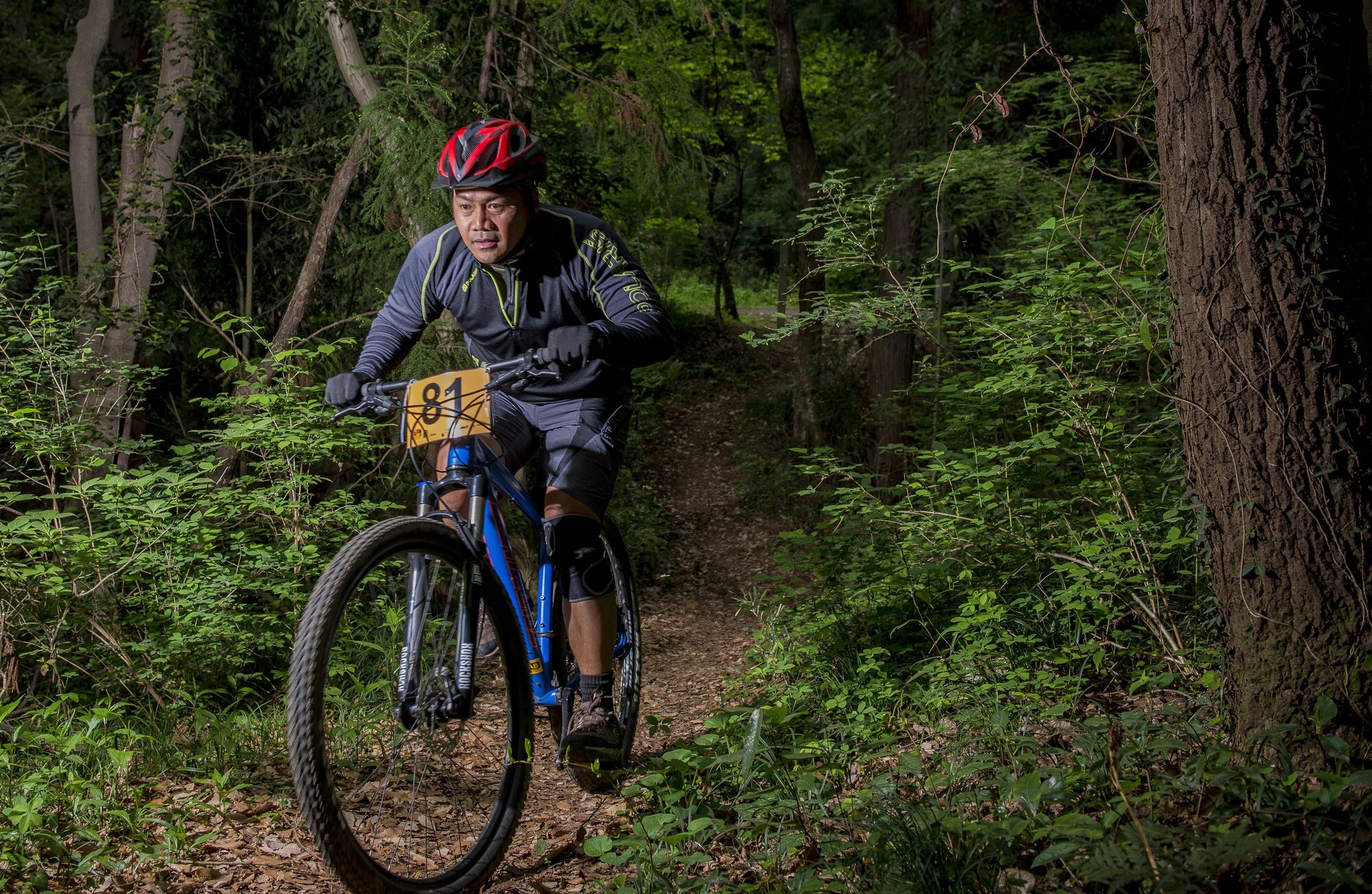 A participant in the Tour de Tama mountain bike race rides through forest April 22, 2017, at Tama Hills Recreation Area, Japan. Over 85 people participated in the race with the youngest competitor being 13-years old, and the oldest was 64-years old. (U.S. Air Force photo by Airman 1st Class Donald Hudson)