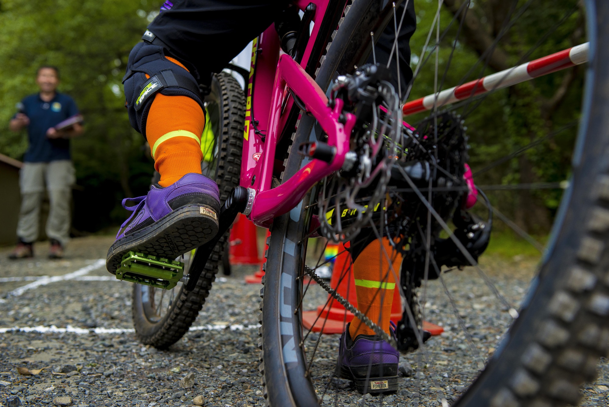 A participant in the Tour de Tama mountain bike race waits at the starting line April 22, 2017, at Tama Hills Recreation Area, Japan. The race was open to everyone, with civilians able to register at local bike shops throughout the Tokyo Metropolitan area and military personnel were able to register at the Outdoor Recreation Center. (U.S. Air Force photo by Airman 1st Class Donald Hudson)