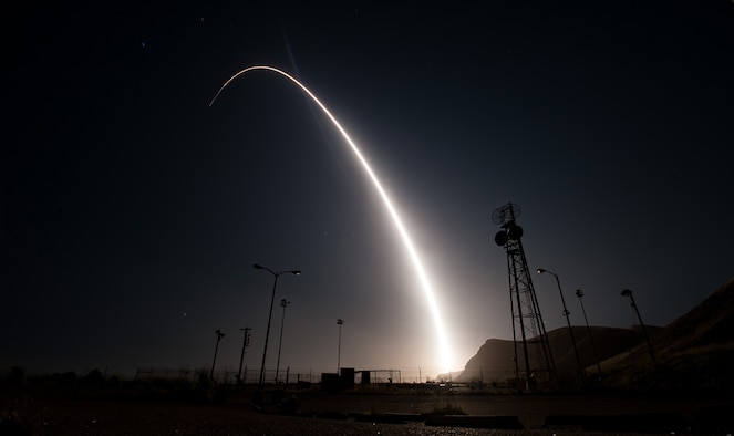 An unarmed Minuteman III intercontinental ballistic missile launches during an operational test at 12:03 a.m., PDT, April 26, from Vandenberg Air Force Base, Calif. (U.S. Air Force photo by Senior Airman Ian Dudley)