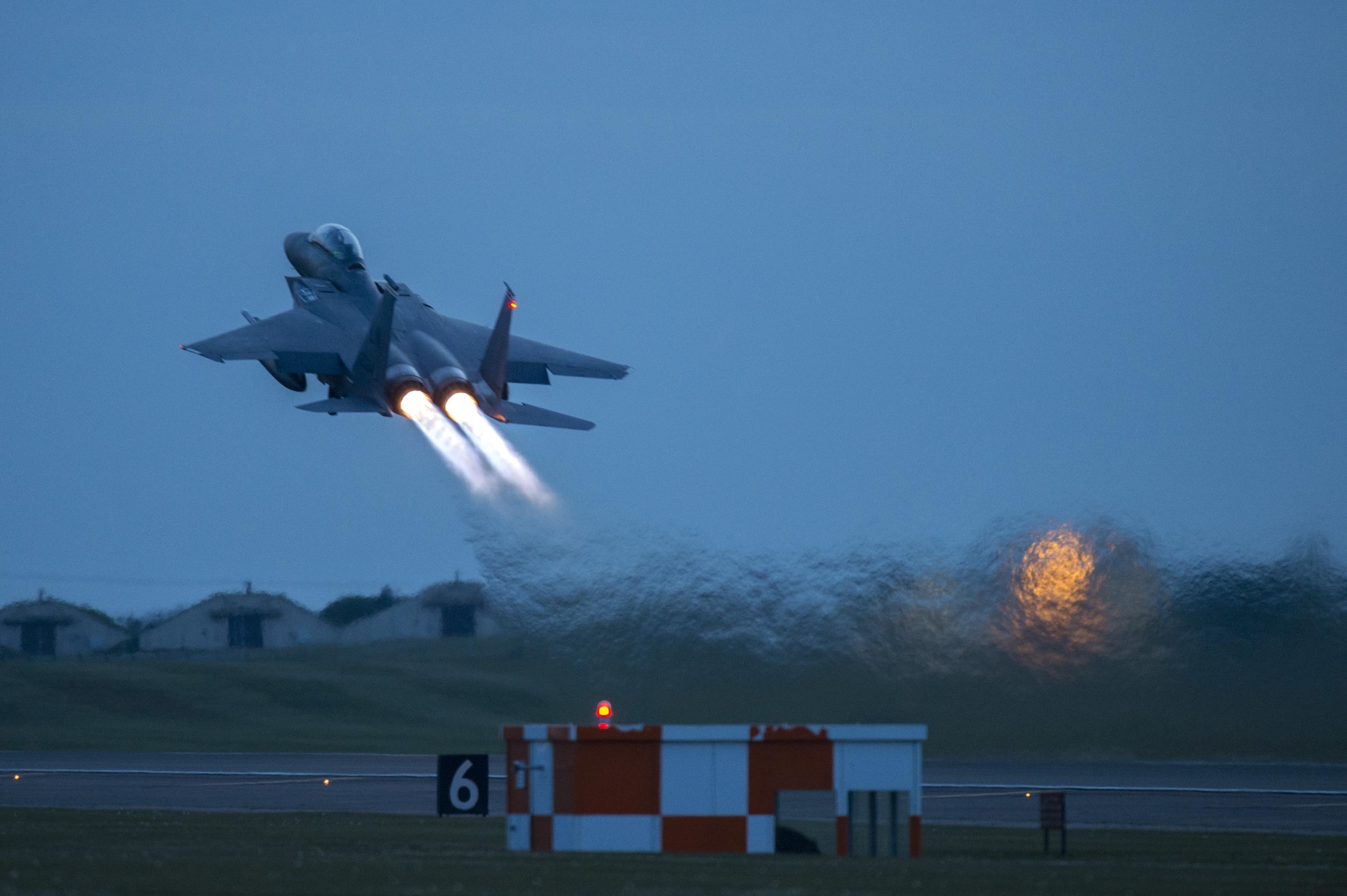 An F-15E Strike Eagle takes-off for a training sortie at Royal Air Force Lakenheath, England, April 19. Nighttime flying operations are required to maintain aircrew proficiency and ensure our pilots remain ready to meet future challenges. (U.S. Air Force photo/Staff Sgt. Emerson Nuñez)