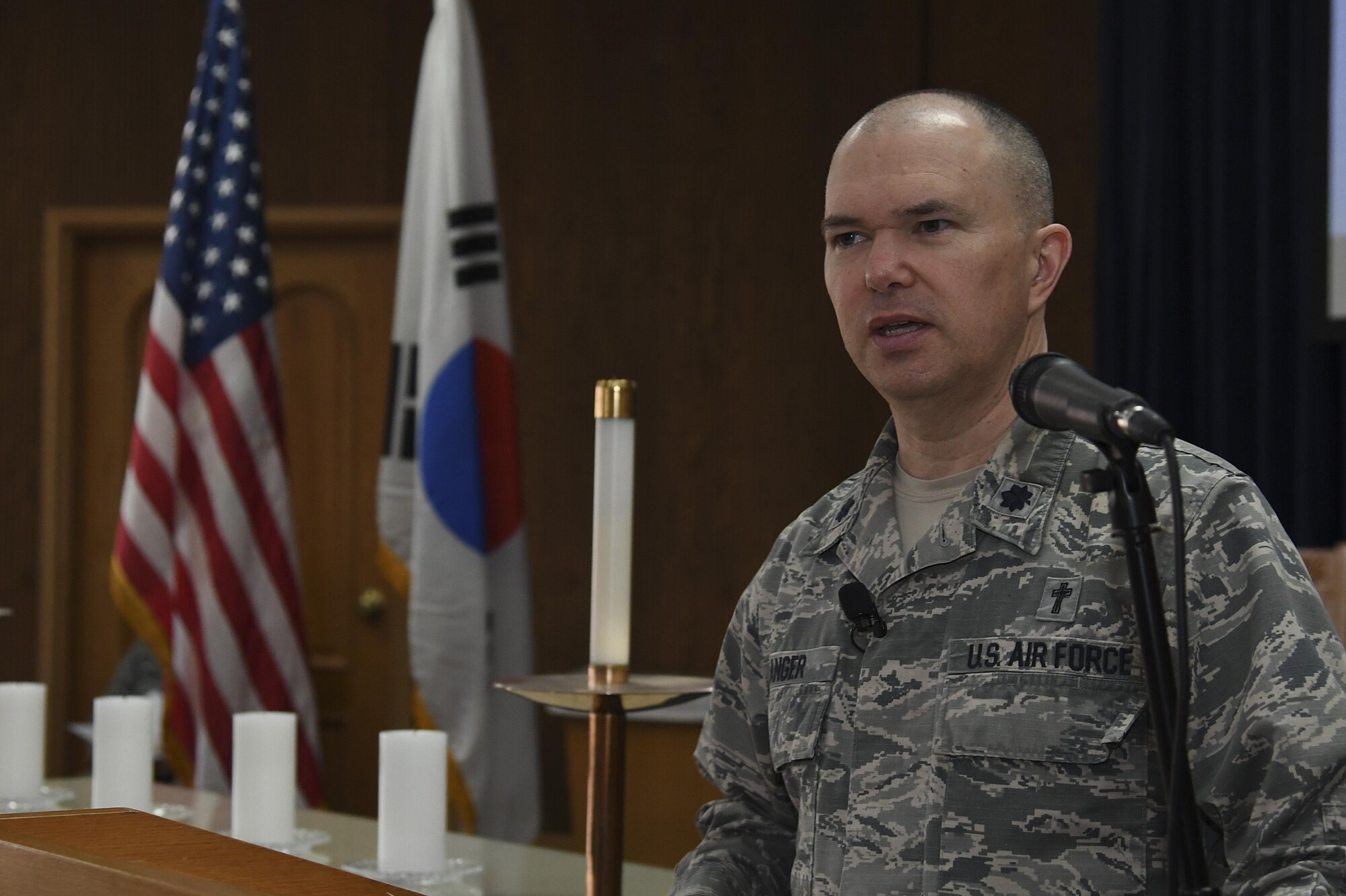 U.S. Air Force Chap. (Lt. Col.) Jeffery Granger, 51st Fighter Wing chaplain, speaks during a Holocaust Remembrance Day ceremony at Osan Air Base, Republic of Korea, April 25, 2017. Holocaust Remembrance Day corresponds to the 27th day of Nisan on the Hebrew calendar, which was one day after the 75th anniversary of the Warsaw Ghetto Uprising this year. (U.S. Air Force photo by Airman 1st Class Gwendalyn Smith)