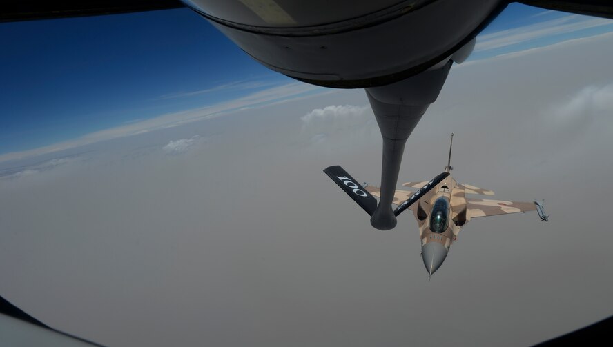 A Moroccan F-16 Fighting Falcon prepares to receive fuel from a U.S. Air Force KC-135 Stratotanker assigned to the 100th Air Refueling Wing from RAF Mildenhall, England, during exercise African Lion on April 18, 2017, over Morocco. Air to air refueling provides receiving aircraft the ability to fly longer and further enabling receivers to accomplish long range objectives and missions. (U.S. Air Force photo by Staff Sgt. Micaiah Anthony)