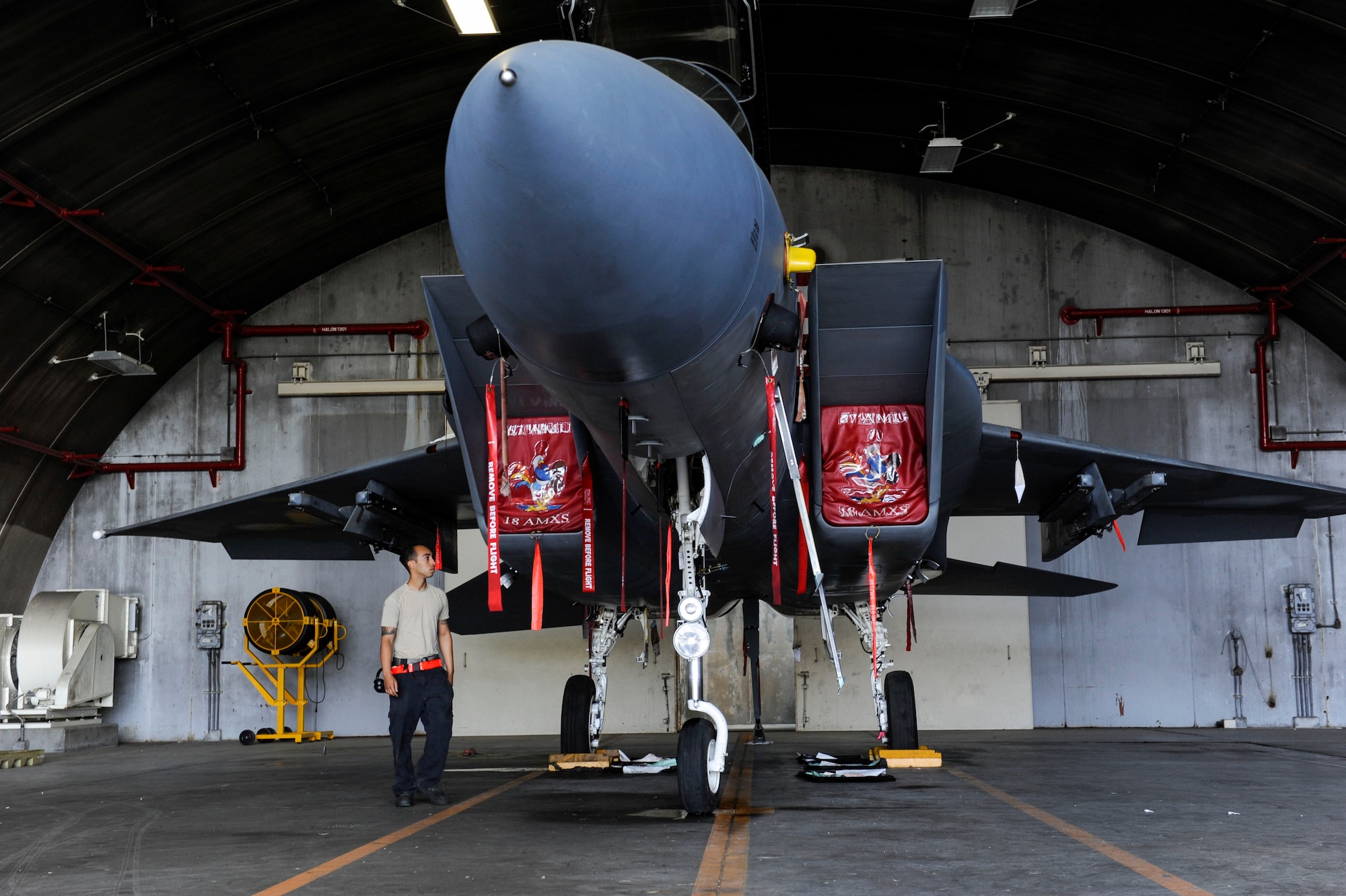 U.S. Air Force Senior Airman Devon Moore, 67th Aircraft Maintenance Unit crew chief, performs pre-training checks on an F-15 Eagle April 24, 2017, at Kadena Air Base, Japan. Crew chiefs undergo frequent training to maintain their job proficiency. (U.S. Air Force photo by Senior Airman Lynette M. Rolen)