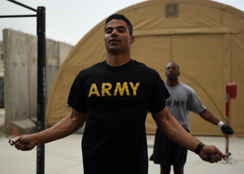 U.S. Army 2nd Lt. Jose Mosquera, 25th Signal Battalion, jumps rope during a fitness competition April 22, 2017, at Bagram Airfield, Afghanistan. Soldiers, Airmen and civilians participated in a fitness challenge, which tested their ability to perform various exercises in a designated amount of time. (U.S. Air Force photo by Staff Sgt. Benjamin Gonsier)