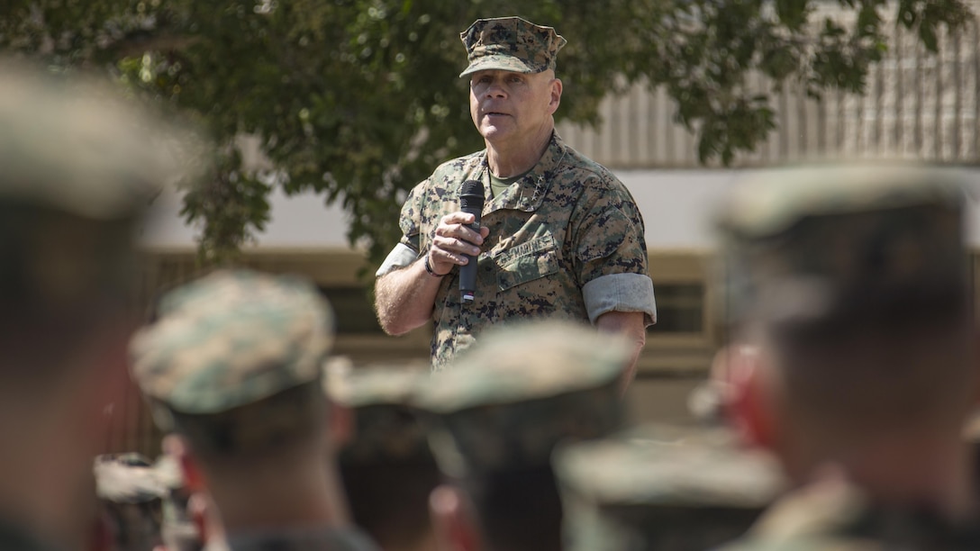 Commandant of the Marine Corps Gen. Robert B. Neller speaks to Marines with School of Infantry West, at Marine Corps Base Camp Pendleton, Calif., April 26, 2017. Neller spoke about the importance of respecting fellow Marines and the Marine Corps’ revised social media policy.