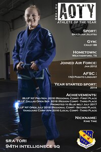 Senior Airman Tori, 94th Intelligence Squadron, was awarded third place in the female category for her accomplishments in Brazilian Jiu-Jitsu. Tori is a Pashto Linguist that has competed and placed in several Brazilian Jiu-Jitsu tournaments after starting the sport in 2014. (U.S. Air Force illustration by Staff Sgt. Alexandre Montes)