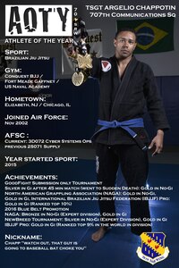 Technical Sgt. Argelio Chappotin III, 707th Communications Squadron, was awarded first place in the men’s category for his accomplishments in Brazilian Jiu-Jitsu. Argelio is a Cyber Systems Operator that has competed and placed in several Brazilian Jiu-Jitsu tournaments after starting the sport in 2015.  (U.S. Air Force illustration by Staff Sgt. Alexandre Montes)
