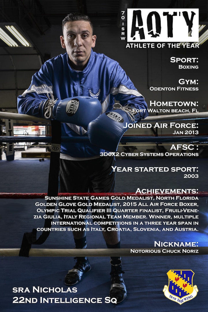 Senior Airman Nicholas, 22nd Intelligence Squadron, was awarded second place in the men’s category for his accomplishments in Boxing. Nicholas is a Cyber System Operator that has competed and won multiple matches since starting the sport in 2003. (U.S. Air Force illustration by Staff Sgt. Alexandre Montes)