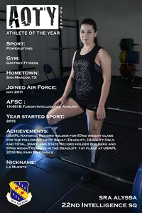 Senior Airman Alyssa, 22nd Intelligence Squadron, was awarded first place in the female category for her accomplishments in powerlifting. Alyssa is a Fusion Intelligence Analyst that has placed in several meets since starting the sport in 2015. (U.S. Air Force illustration by Staff Sgt. Alexandre Montes)